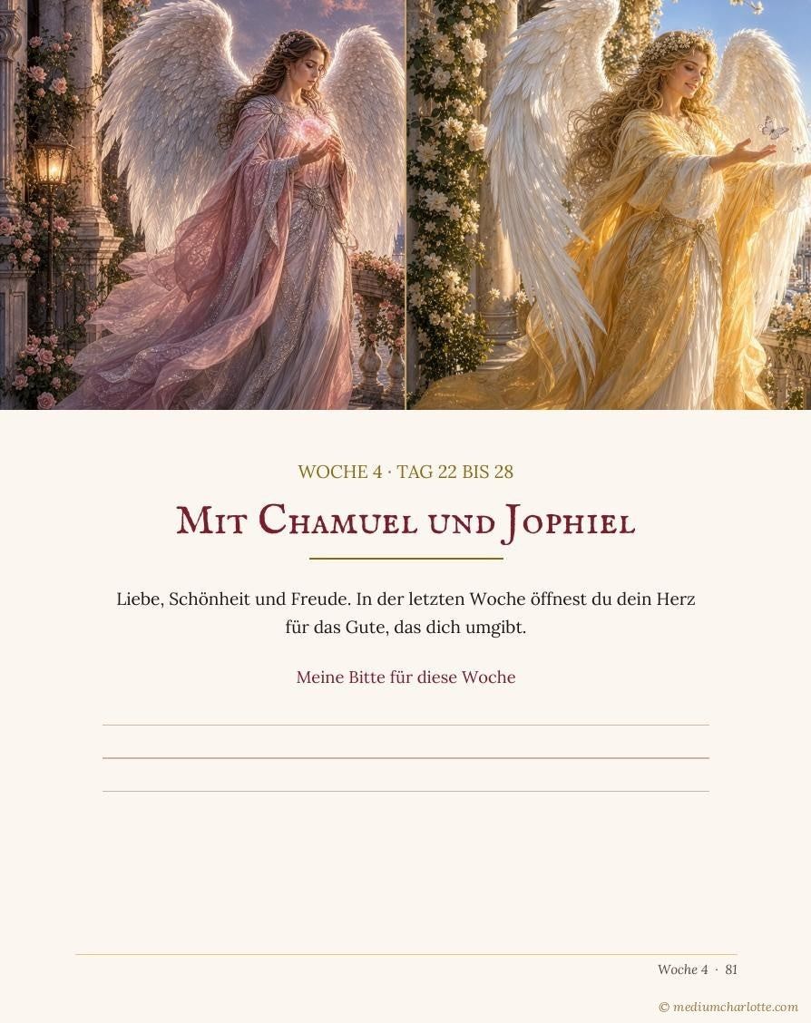 Innenseite Woche 4: die Erzengel Chamuel in Rosa und Jophiel in Gelb nebeneinander, darunter Linien für die Bitte der Woche (KI-Bild)