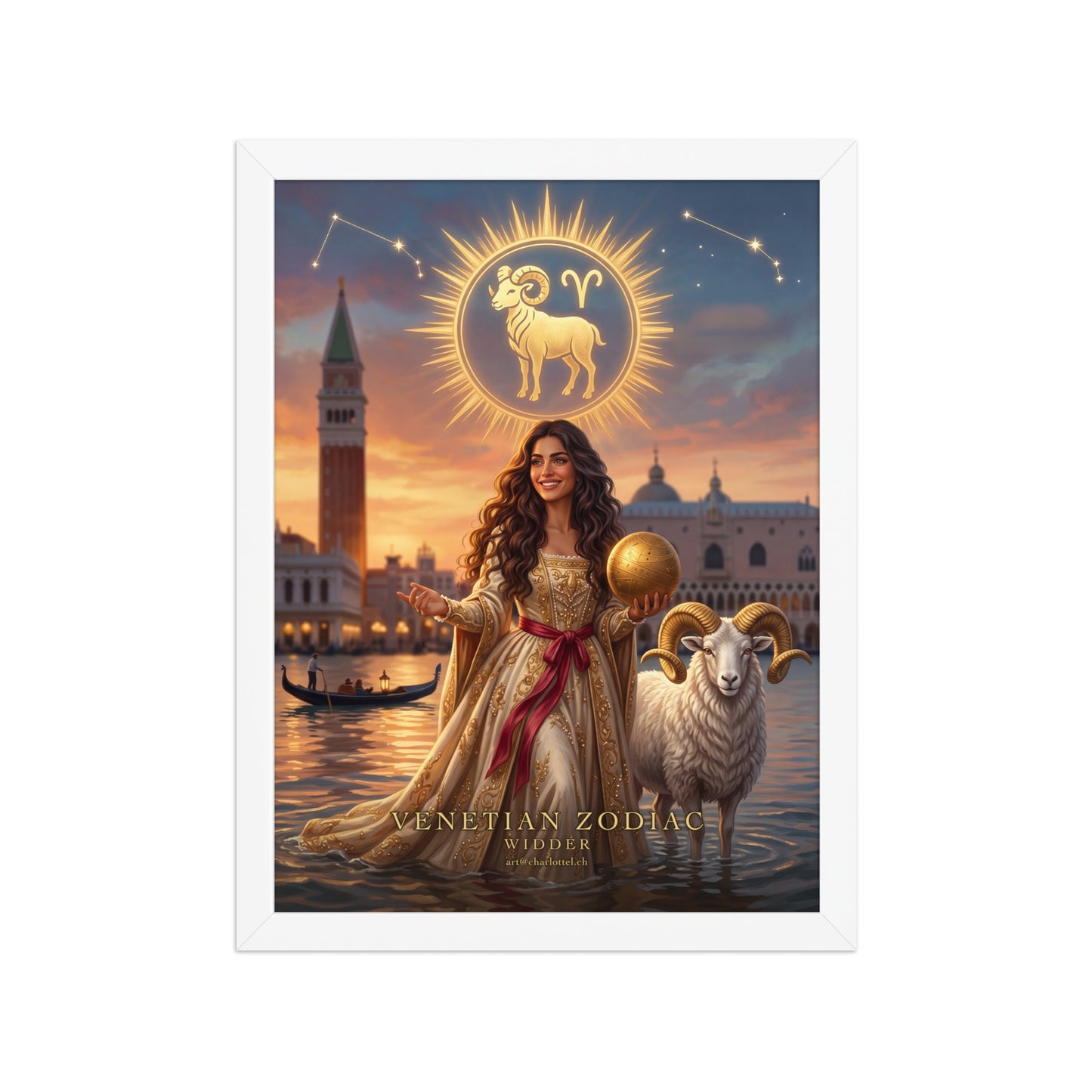 Sternzeichen Widder gerahmtes Poster – venezianische Göttin mit weißem Widder, weißer Holzrahmen
