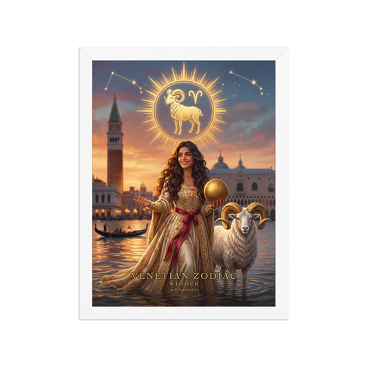 Sternzeichen Widder gerahmtes Poster – venezianische Göttin mit weißem Widder, weißer Holzrahmen