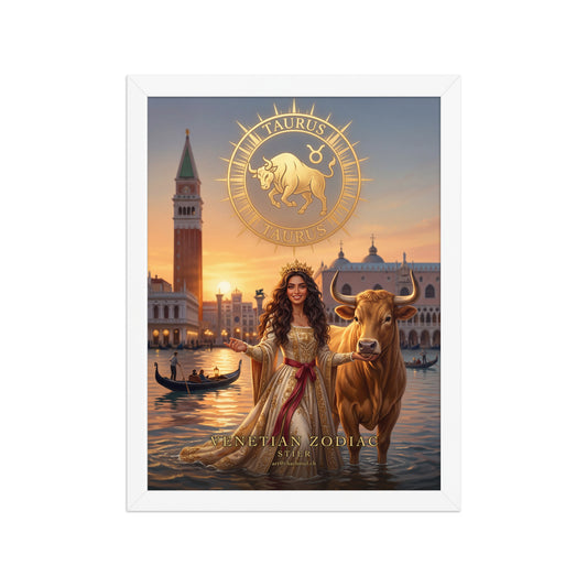 Sternzeichen Stier gerahmtes Poster – venezianische Göttin mit goldenem Stier, weißer Holzrahmen
