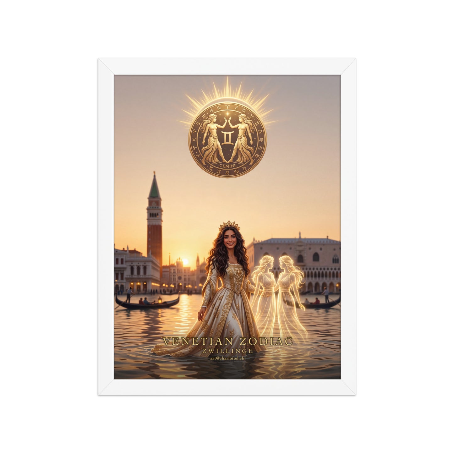 Sternzeichen Zwillinge gerahmtes Poster – venezianische Göttin mit Zwillingsschwestern, weißer Holzrahmen