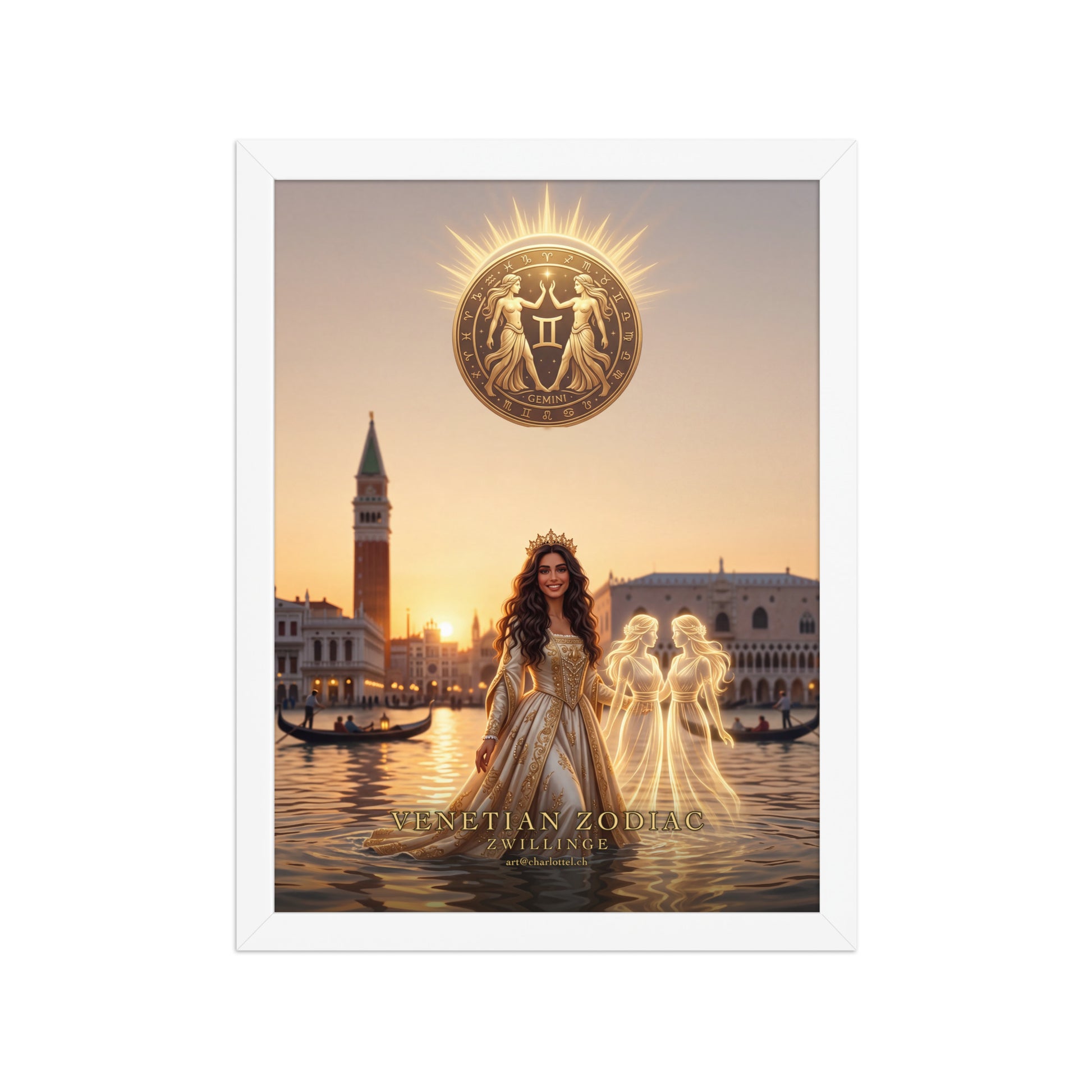 Sternzeichen Zwillinge gerahmtes Poster – venezianische Göttin mit Zwillingsschwestern, weißer Holzrahmen