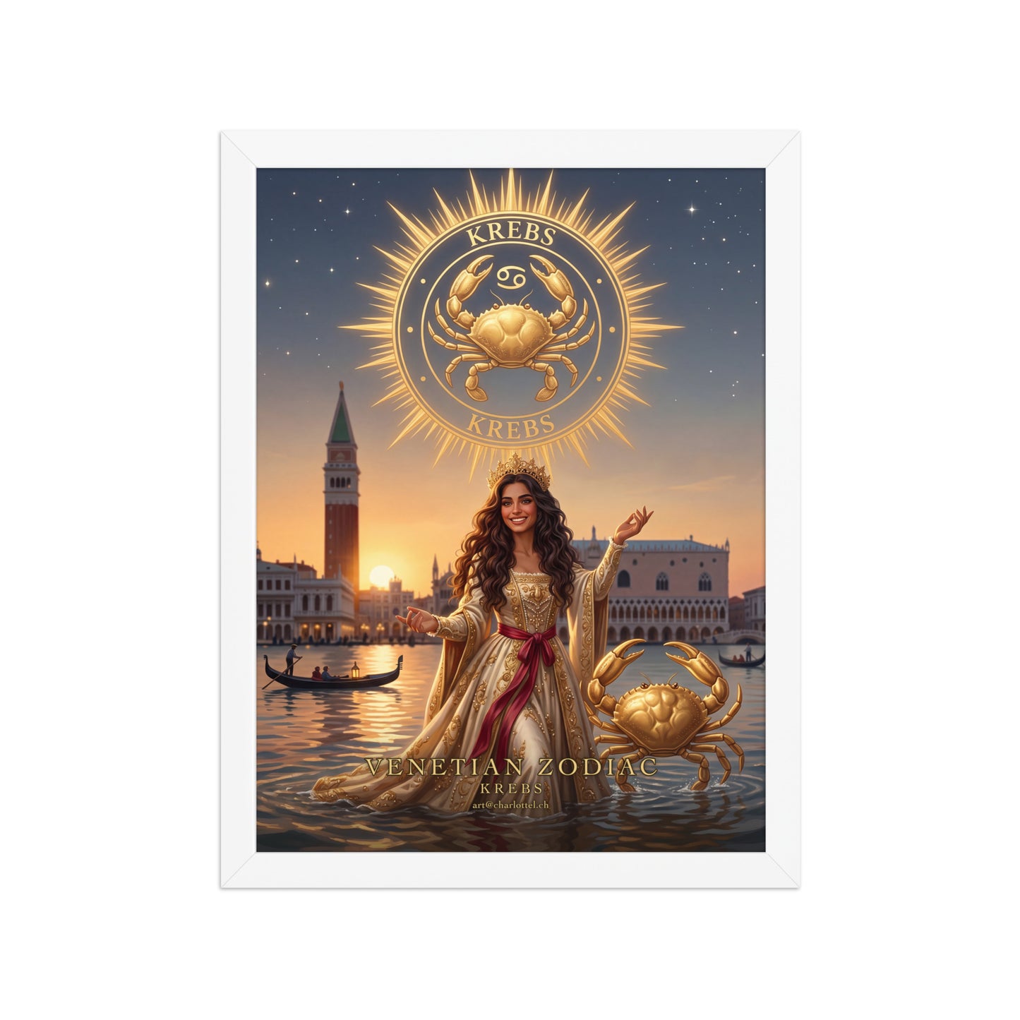 Sternzeichen Krebs gerahmtes Poster – venezianische Göttin mit goldenem Krebs, weißer Holzrahmen