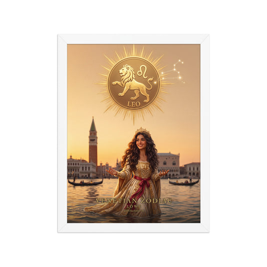 Sternzeichen Löwe gerahmtes Poster – venezianische Göttin mit goldenem Löwen-Emblem, weißer Holzrahmen