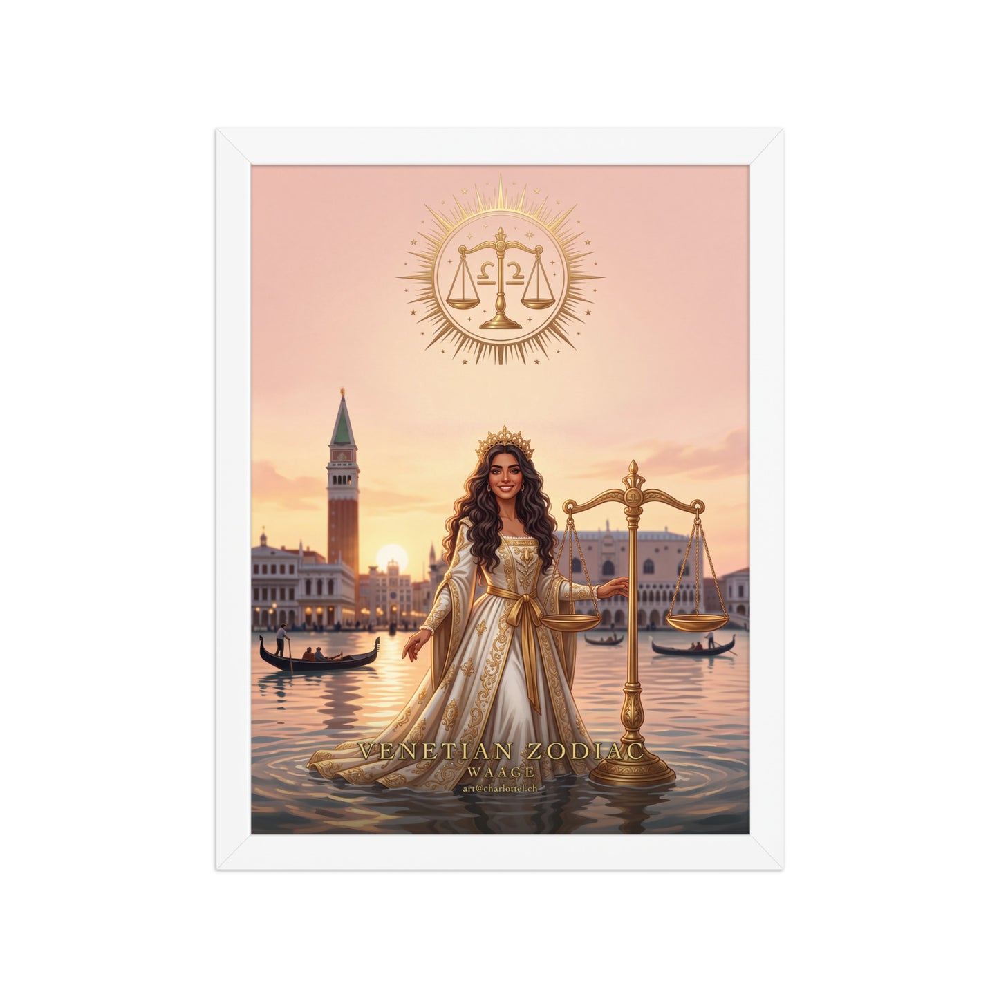 Sternzeichen Waage gerahmtes Poster – venezianische Göttin mit goldener Waage, weißer Holzrahmen