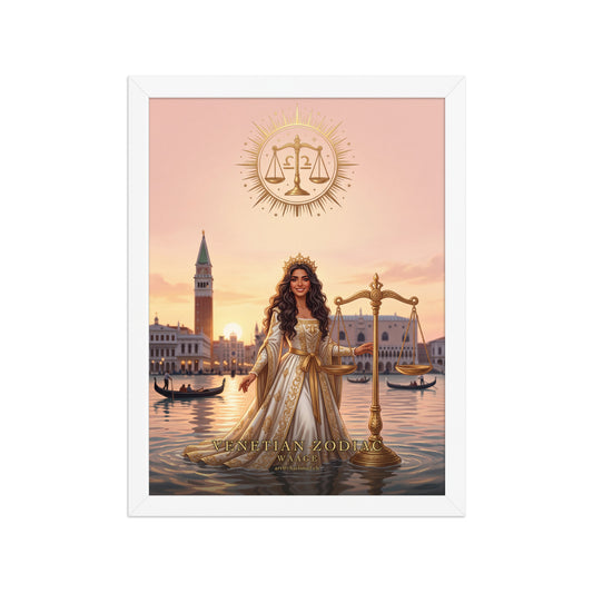 Sternzeichen Waage gerahmtes Poster – venezianische Göttin mit goldener Waage, weißer Holzrahmen