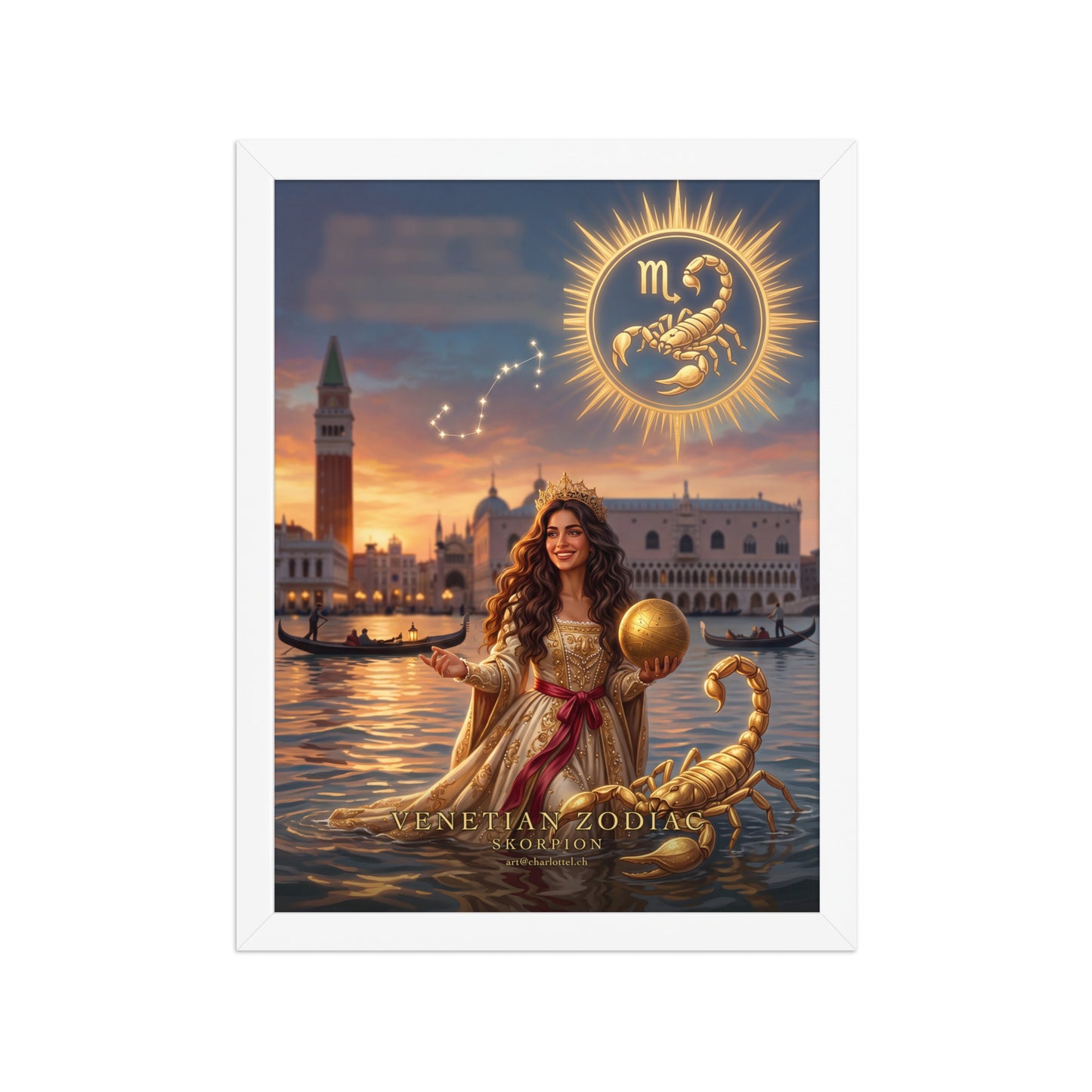 Sternzeichen Skorpion gerahmtes Poster – venezianische Göttin mit goldenem Skorpion, weißer Holzrahmen