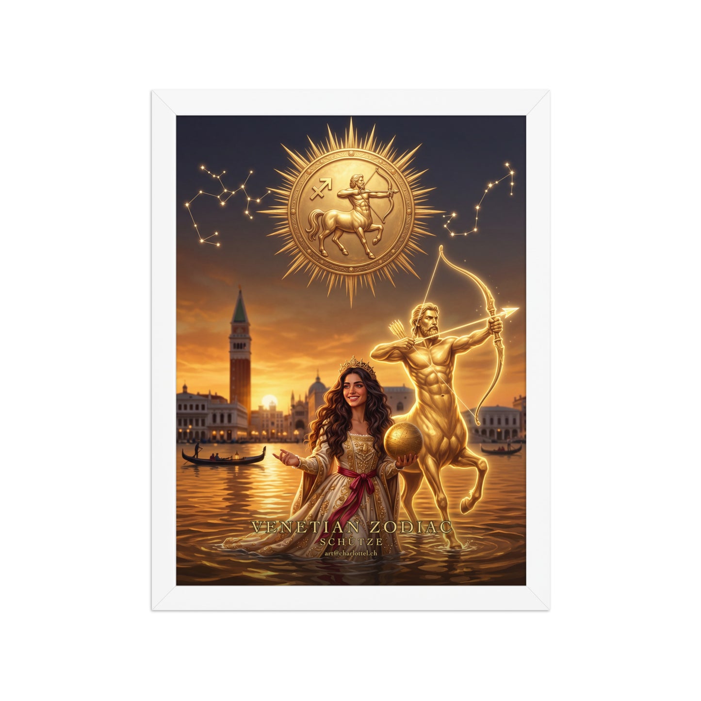 Sternzeichen Schütze gerahmtes Poster – venezianische Göttin mit goldenem Zentaur, weißer Holzrahmen
