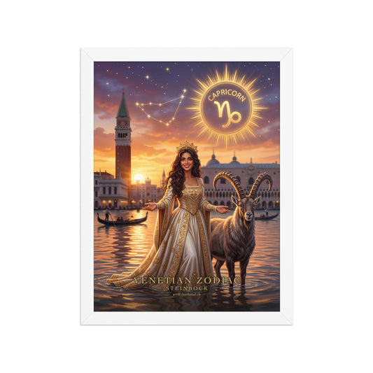 Sternzeichen Steinbock gerahmtes Poster – venezianische Göttin mit stolzem Steinbock, weißer Holzrahmen