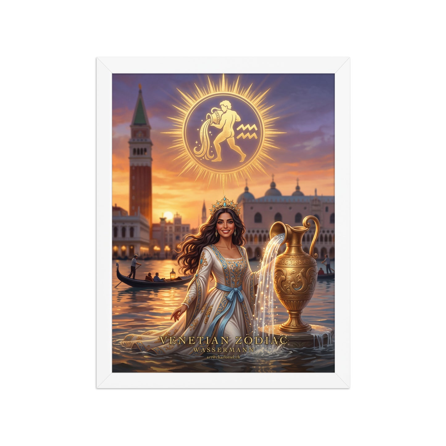 Sternzeichen Wassermann gerahmtes Poster – venezianische Göttin mit goldener Amphore, weißer Holzrahmen