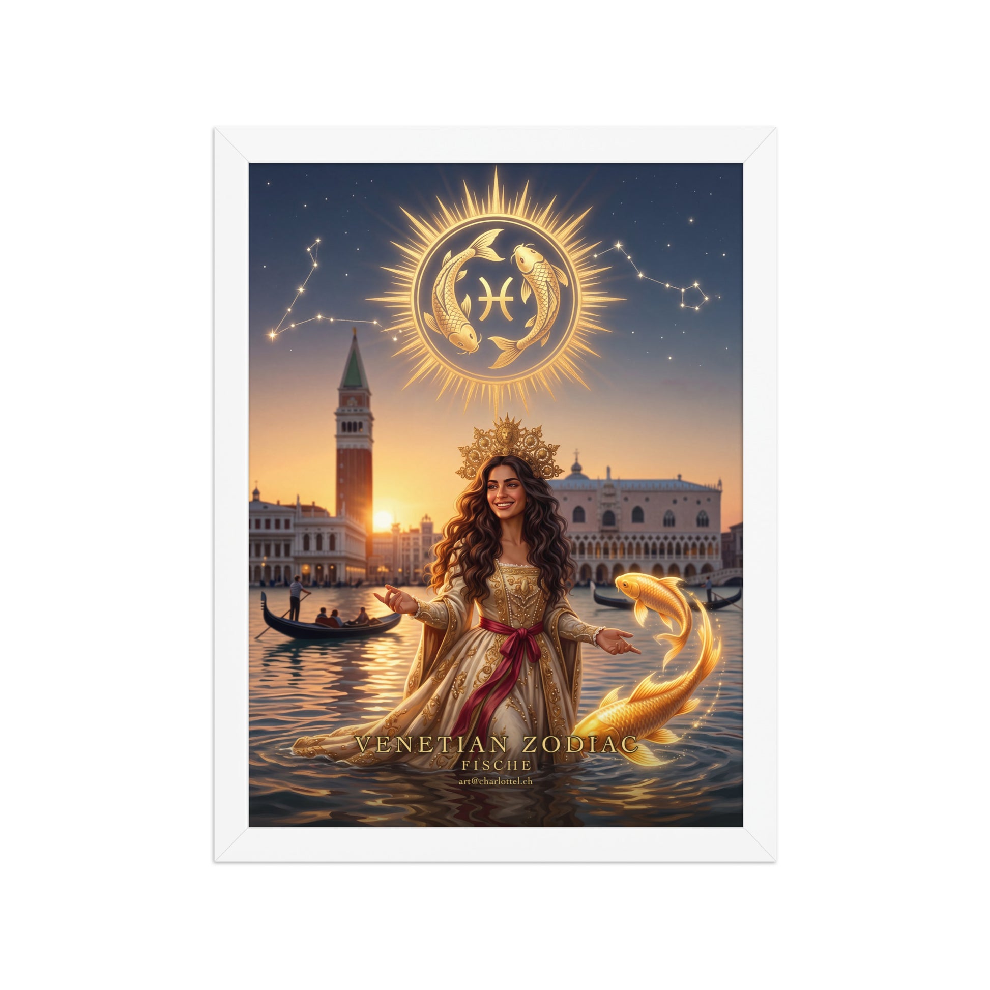 Sternzeichen Fische gerahmtes Poster – venezianische Göttin mit goldenen Kois, weißer Holzrahmen
