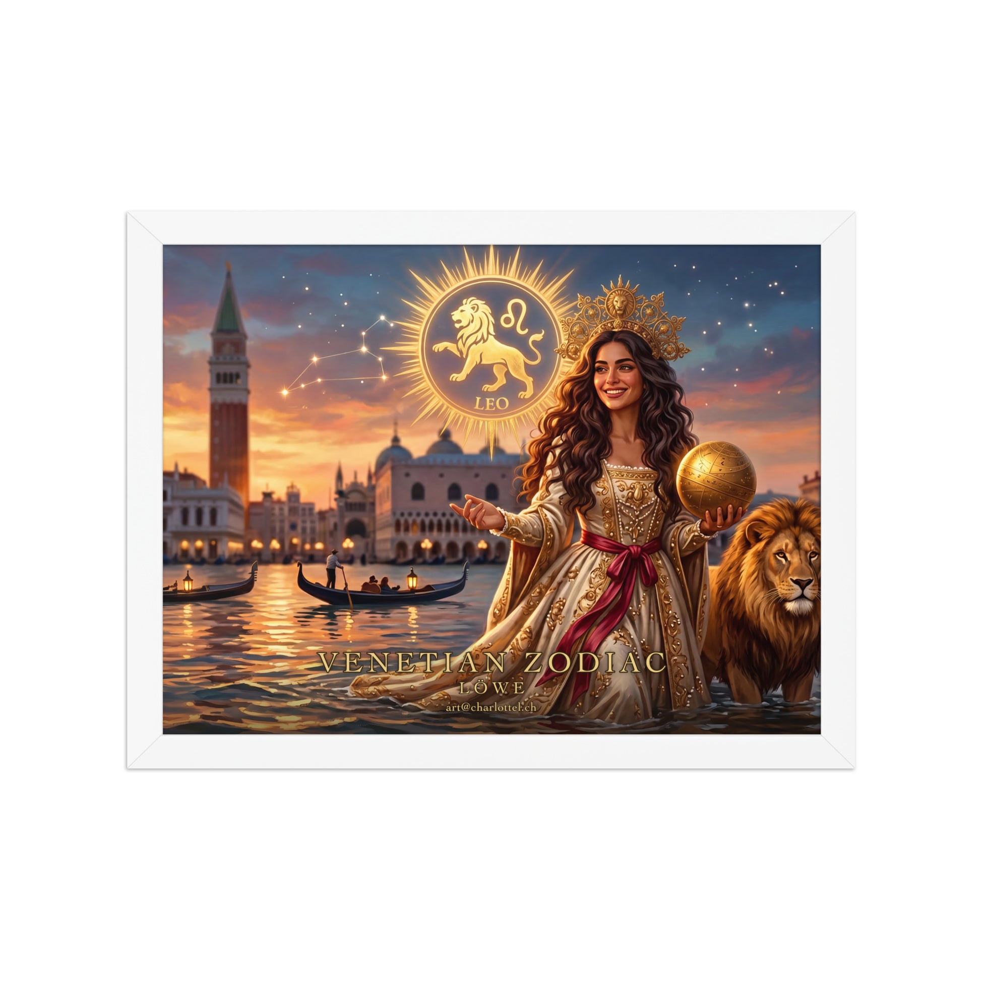 Sternzeichen Löwe gerahmtes Poster Querformat – venezianische Göttin mit goldenem Löwen, weißer Holzrahmen