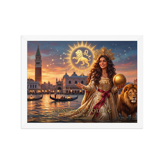 Sternzeichen Löwe gerahmtes Poster Querformat – venezianische Göttin mit goldenem Löwen, weißer Holzrahmen
