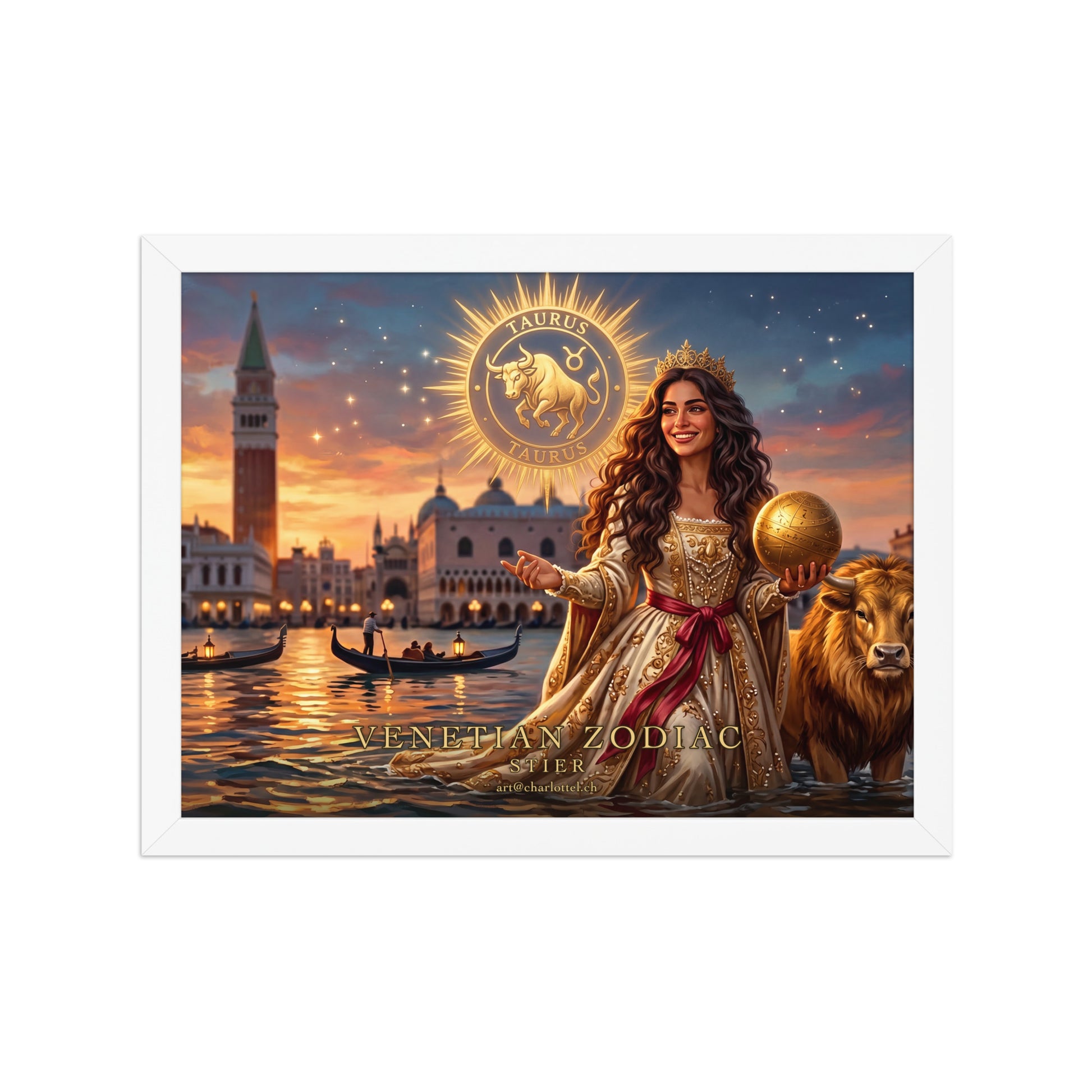 Sternzeichen Stier gerahmtes Poster Querformat – venezianische Göttin mit goldenem Stier, weißer Holzrahmen