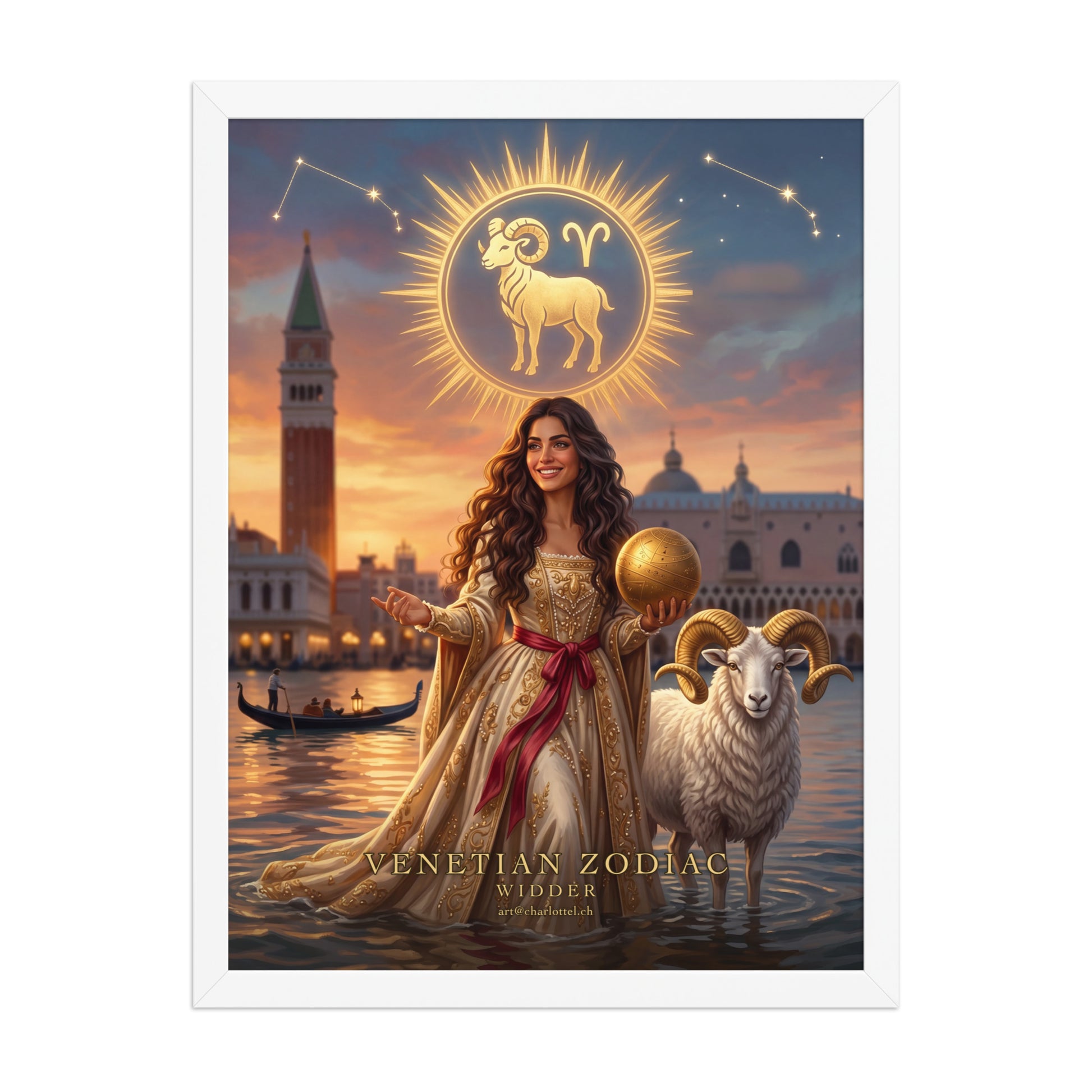 Sternzeichen Widder gerahmtes Poster – venezianische Göttin mit weißem Widder, Wandansicht