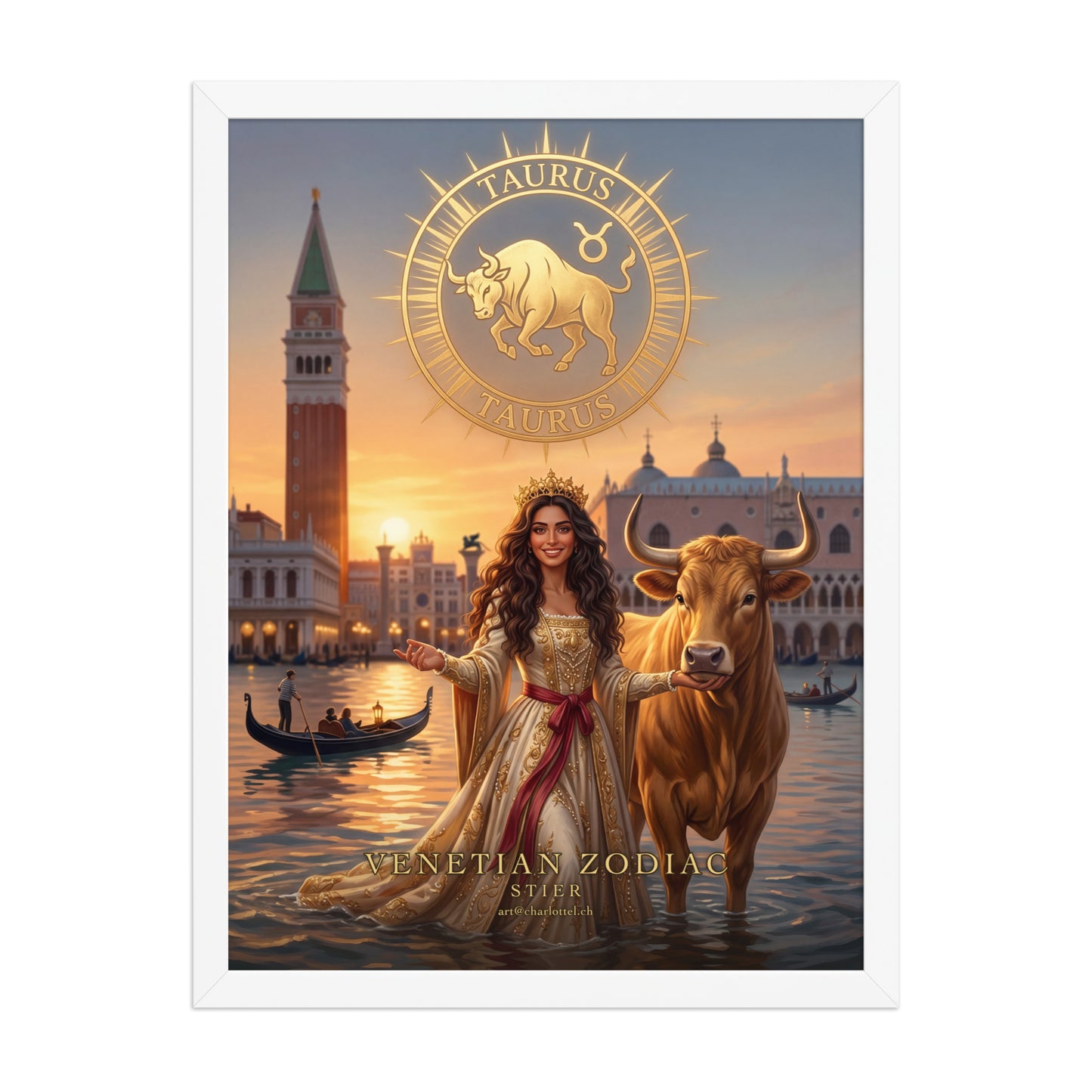 Sternzeichen Stier gerahmtes Poster – venezianische Göttin mit goldenem Stier, Wandansicht