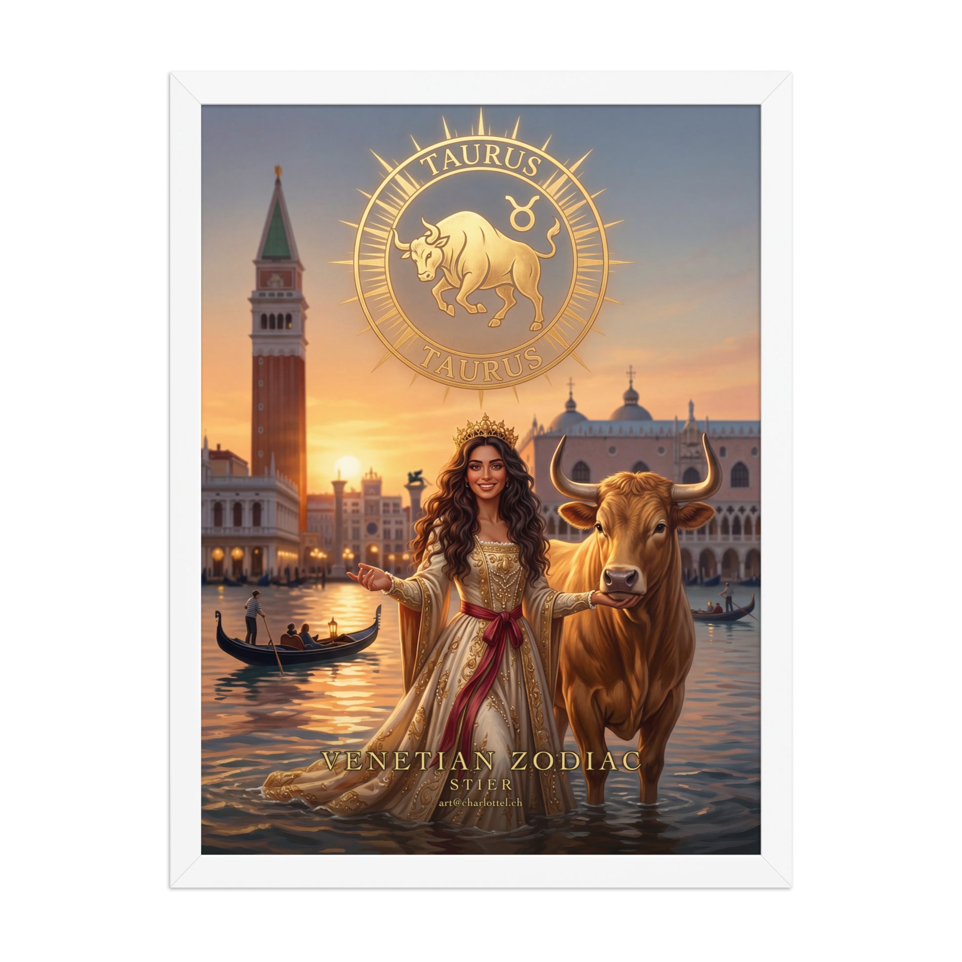 Sternzeichen Stier gerahmtes Poster – venezianische Göttin mit goldenem Stier, Wandansicht