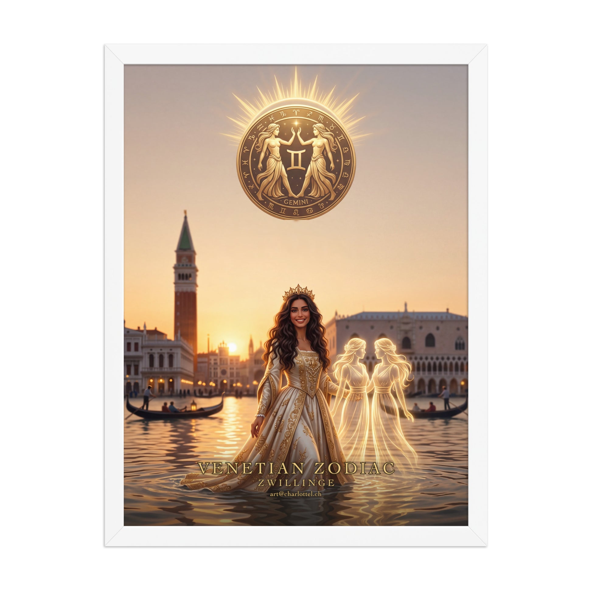 Sternzeichen Zwillinge gerahmtes Poster – venezianische Göttin mit Zwillingsschwestern, Wandansicht