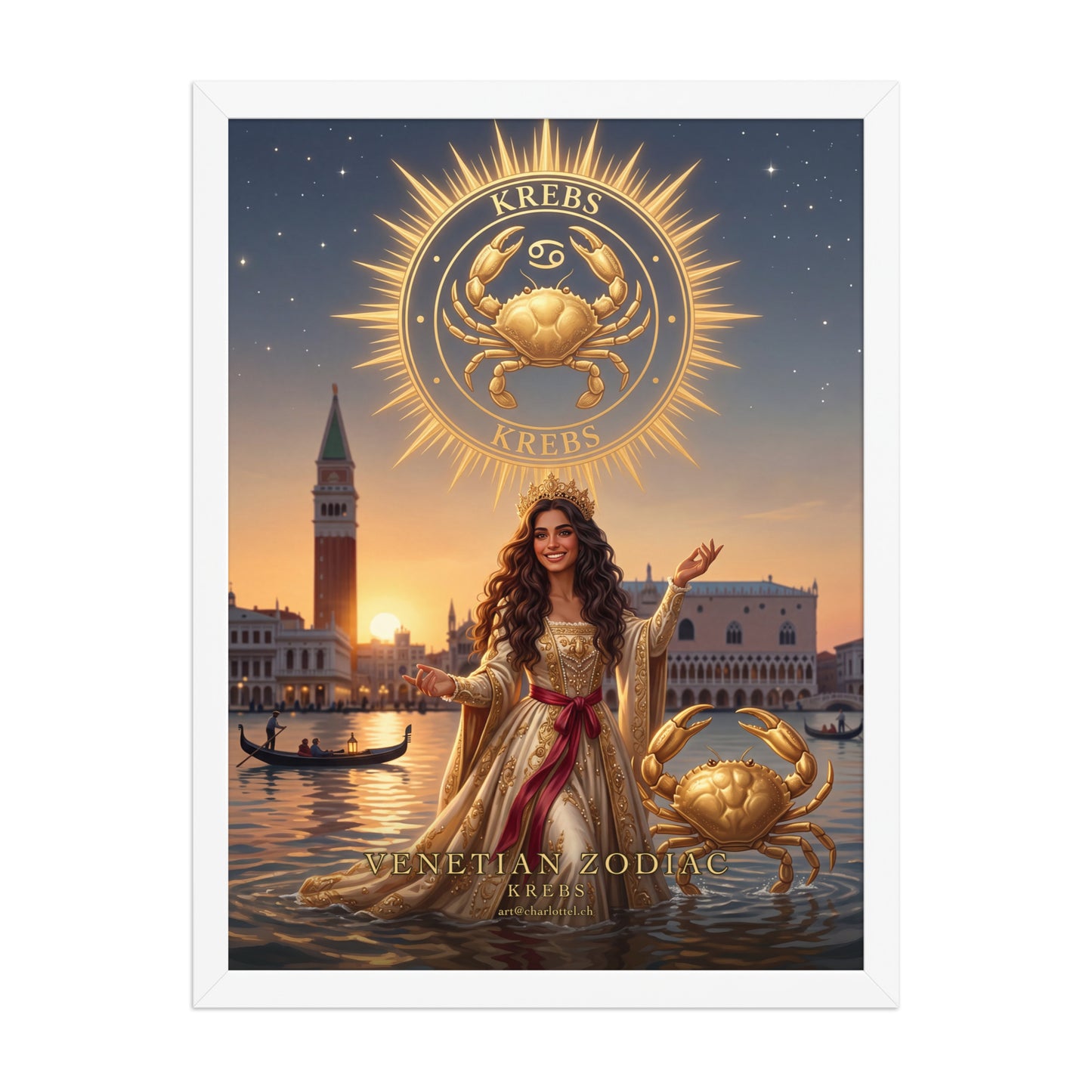 Sternzeichen Krebs gerahmtes Poster – venezianische Göttin mit goldenem Krebs, Wandansicht