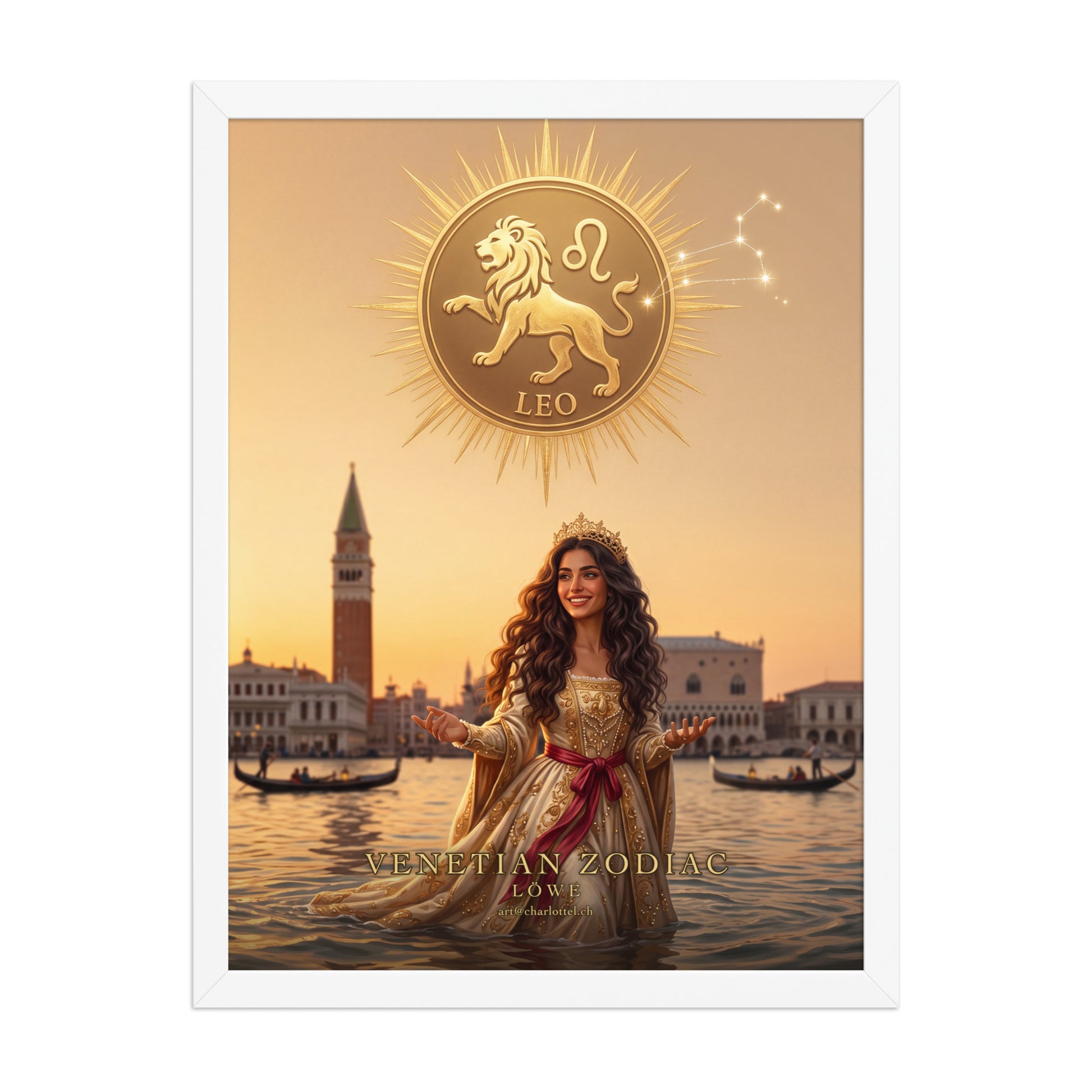 Sternzeichen Löwe gerahmtes Poster – venezianische Göttin mit goldenem Löwen-Emblem, Wandansicht