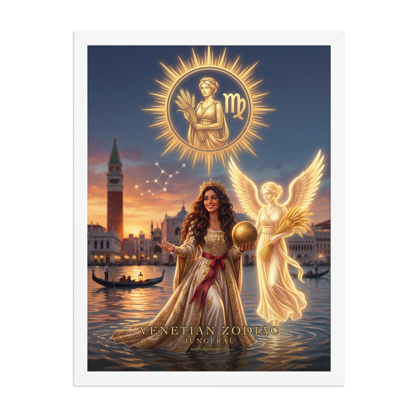 Sternzeichen Jungfrau gerahmtes Poster – venezianische Göttin mit lichtem Engel, Wandansicht