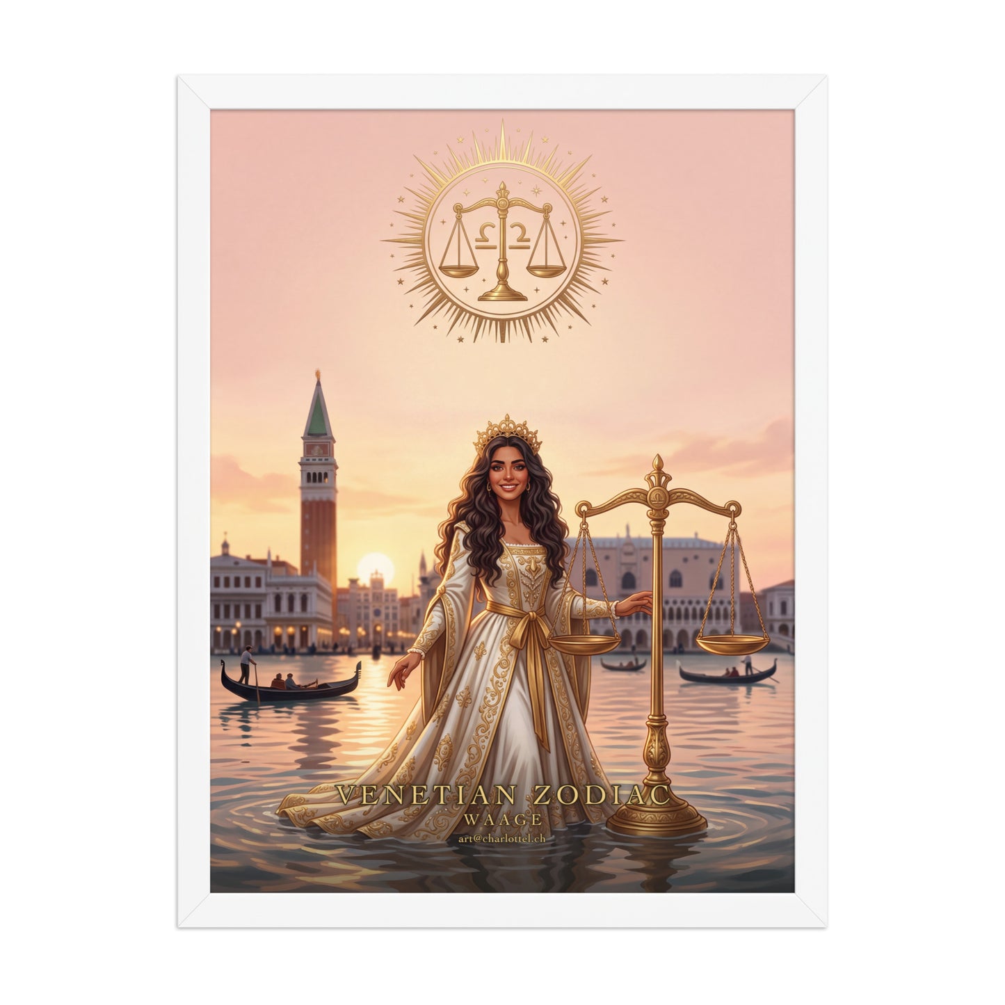 Sternzeichen Waage gerahmtes Poster – venezianische Göttin mit goldener Waage, Wandansicht