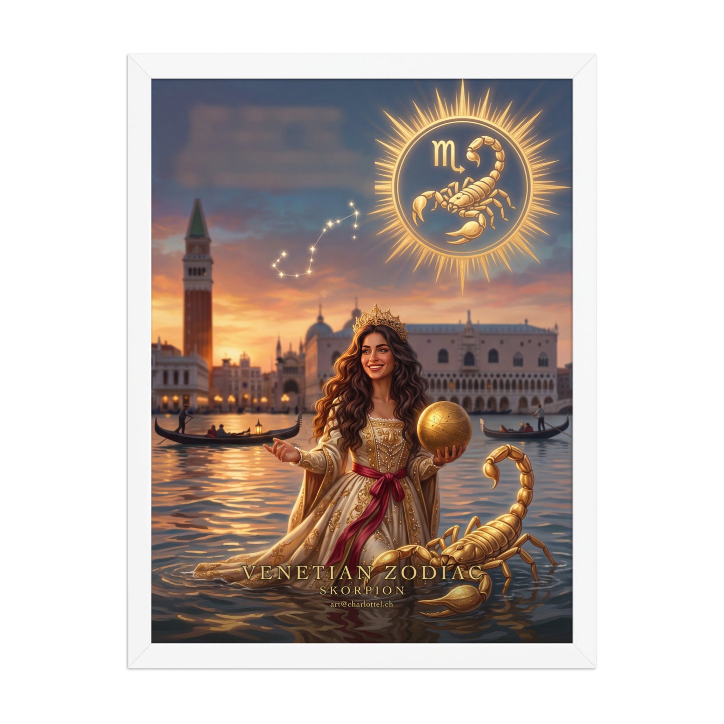 Sternzeichen Skorpion gerahmtes Poster – venezianische Göttin mit goldenem Skorpion, Wandansicht