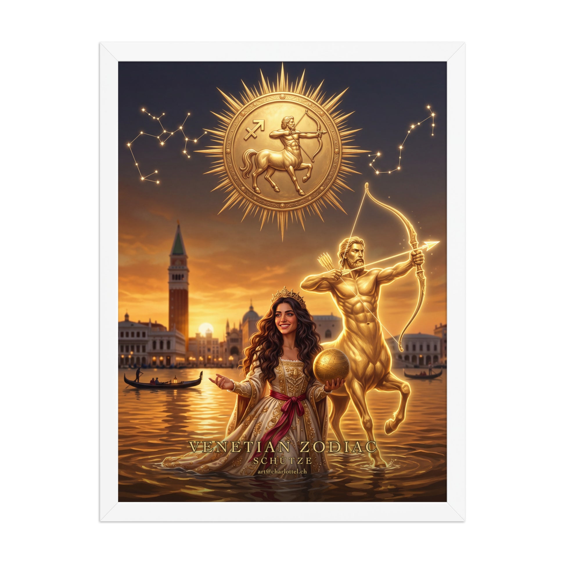 Sternzeichen Schütze gerahmtes Poster – venezianische Göttin mit goldenem Zentaur, Wandansicht