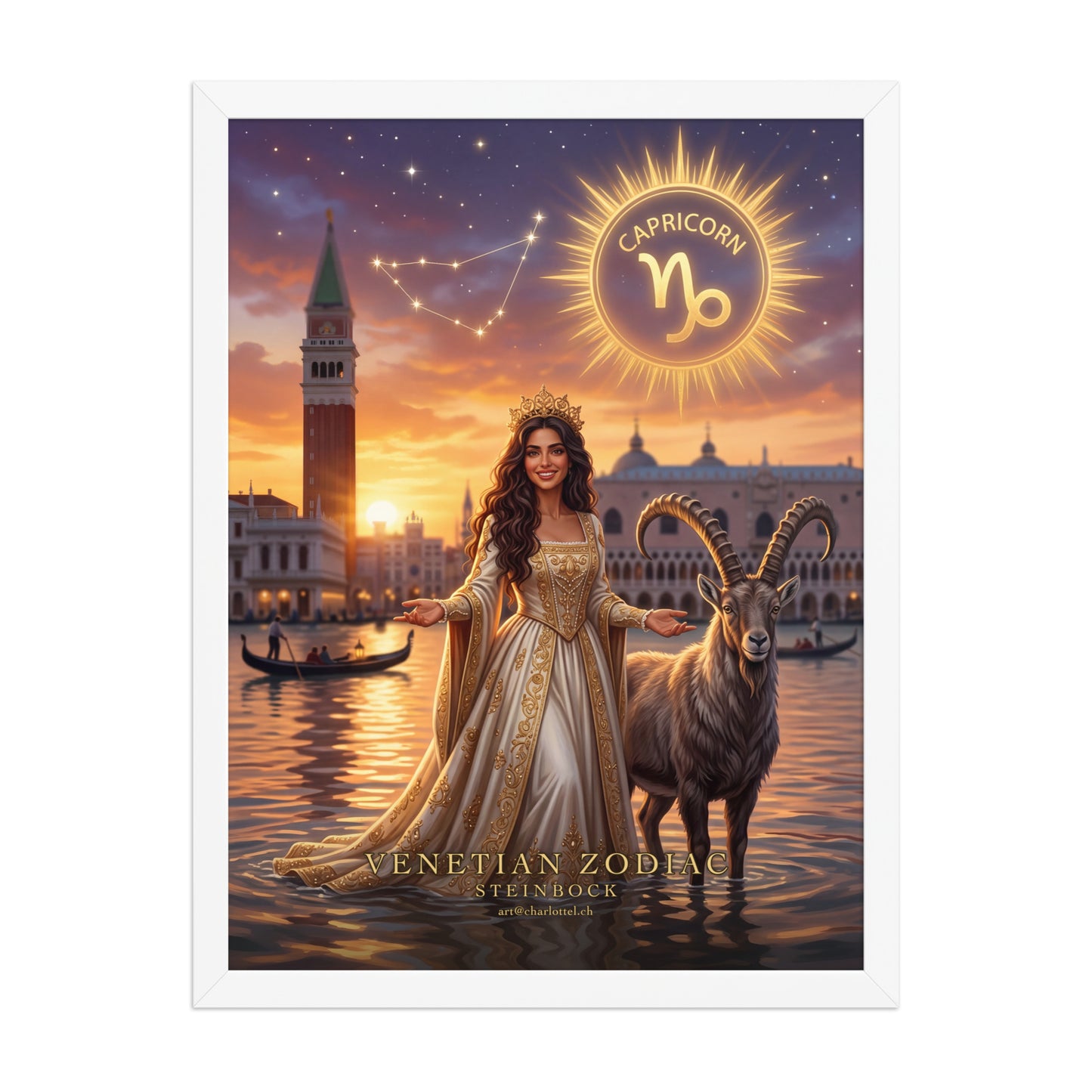 Sternzeichen Steinbock gerahmtes Poster – venezianische Göttin mit stolzem Steinbock, Wandansicht