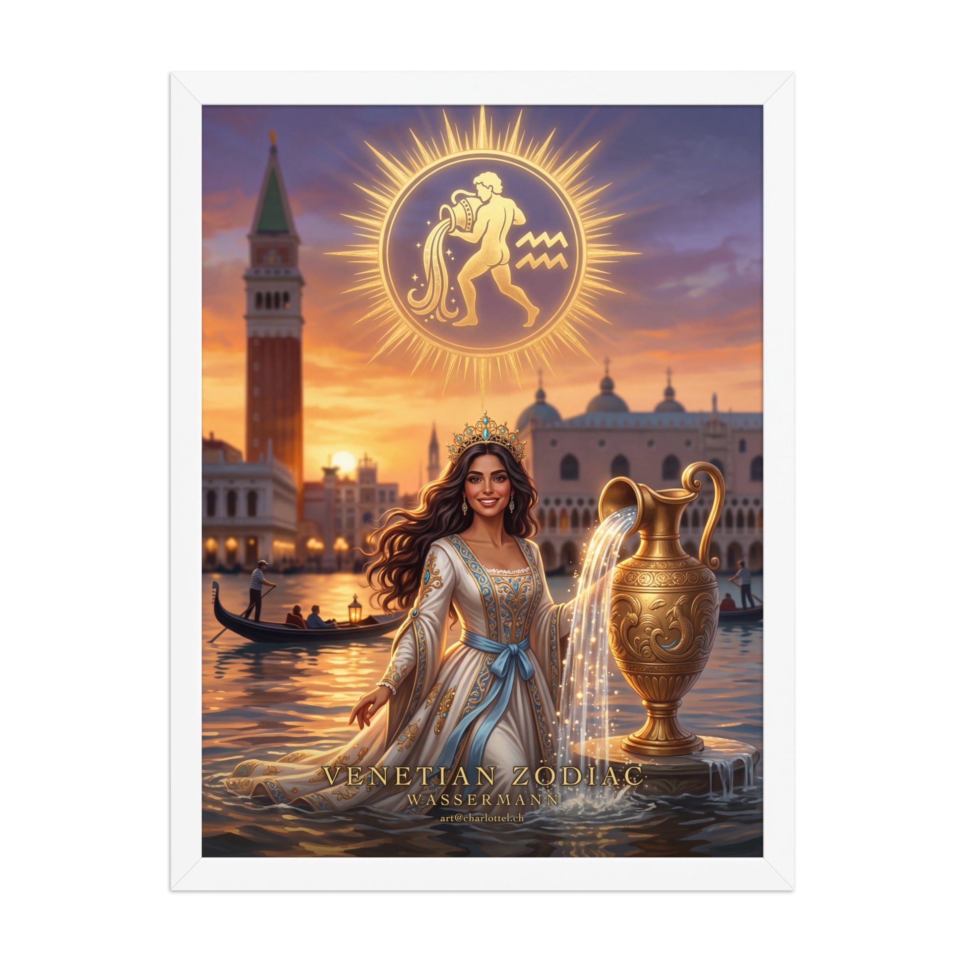 Sternzeichen Wassermann gerahmtes Poster – venezianische Göttin mit goldener Amphore, Wandansicht