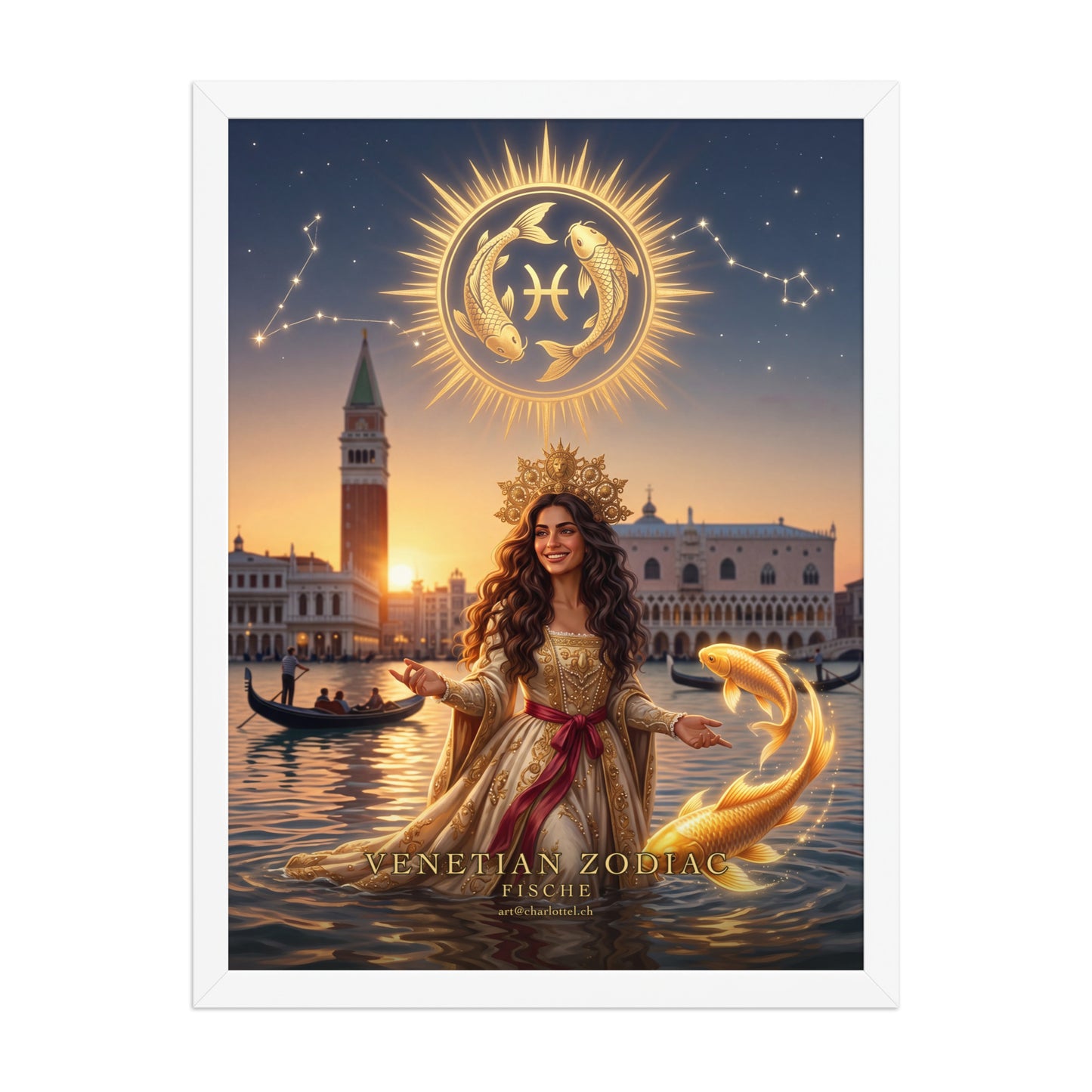 Sternzeichen Fische gerahmtes Poster – venezianische Göttin mit goldenen Kois, Wandansicht