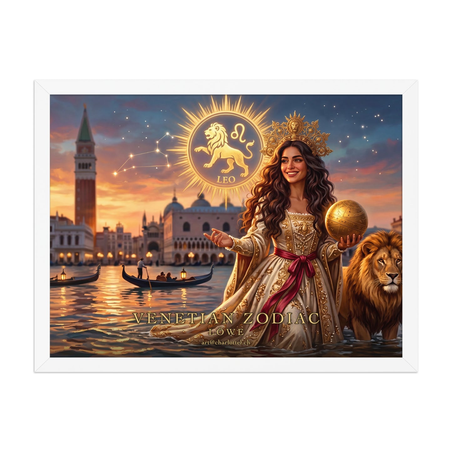 Sternzeichen Löwe gerahmtes Poster Querformat – venezianische Göttin mit goldenem Löwen, Wandansicht