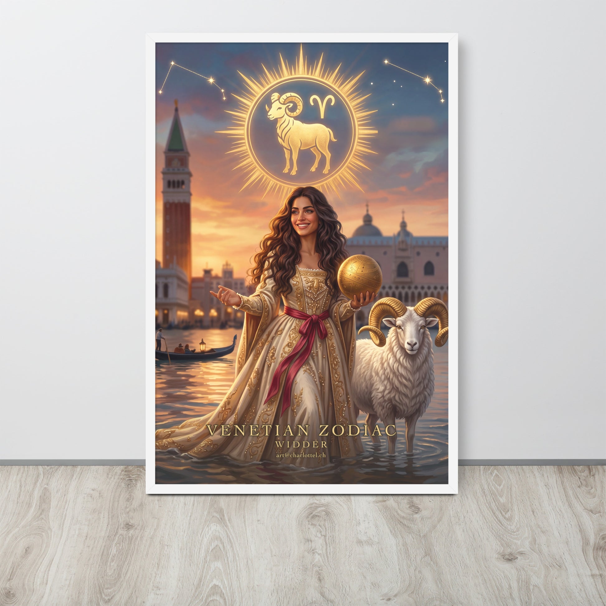 Sternzeichen Widder gerahmtes Poster – venezianische Göttin mit weißem Widder, Großformat 61×91 cm