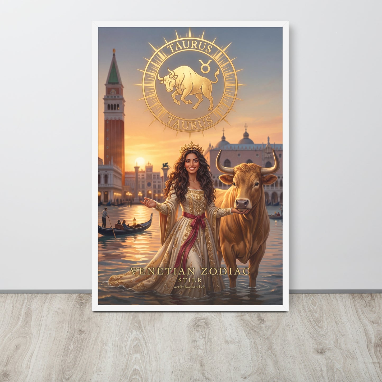 Sternzeichen Stier gerahmtes Poster – venezianische Göttin mit goldenem Stier, Großformat 61×91 cm