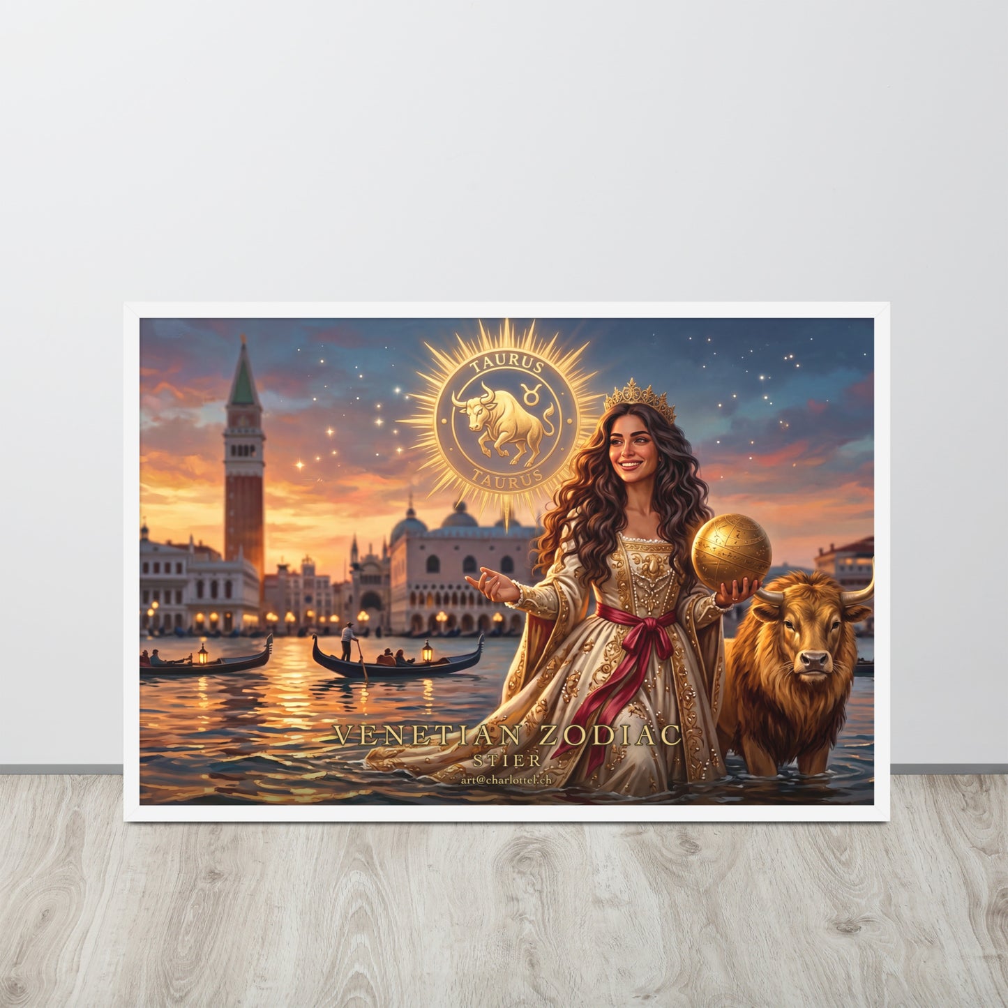 Sternzeichen Stier gerahmtes Poster Querformat – venezianische Göttin mit goldenem Stier, Großformat 91×61 cm