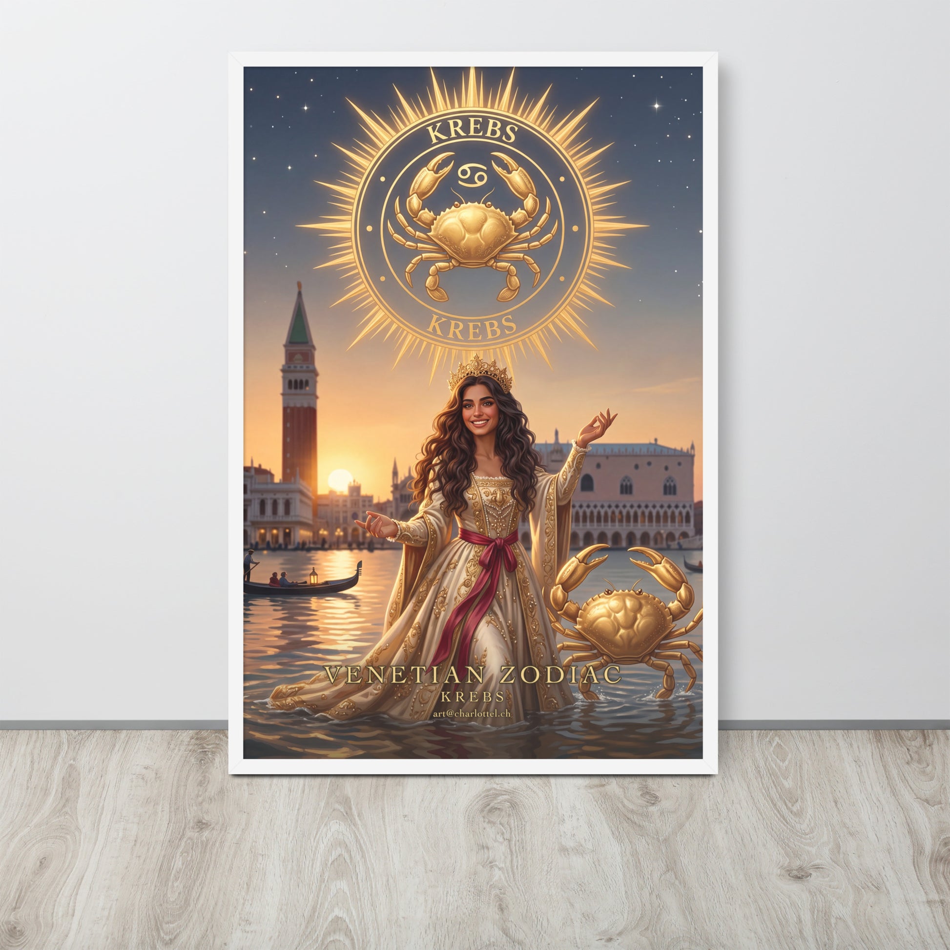 Sternzeichen Krebs gerahmtes Poster – venezianische Göttin mit goldenem Krebs, Großformat 61×91 cm