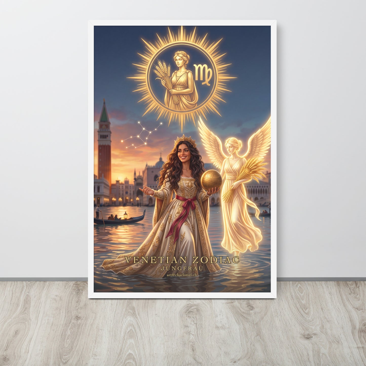 Sternzeichen Jungfrau gerahmtes Poster – venezianische Göttin mit lichtem Engel, Großformat 61×91 cm