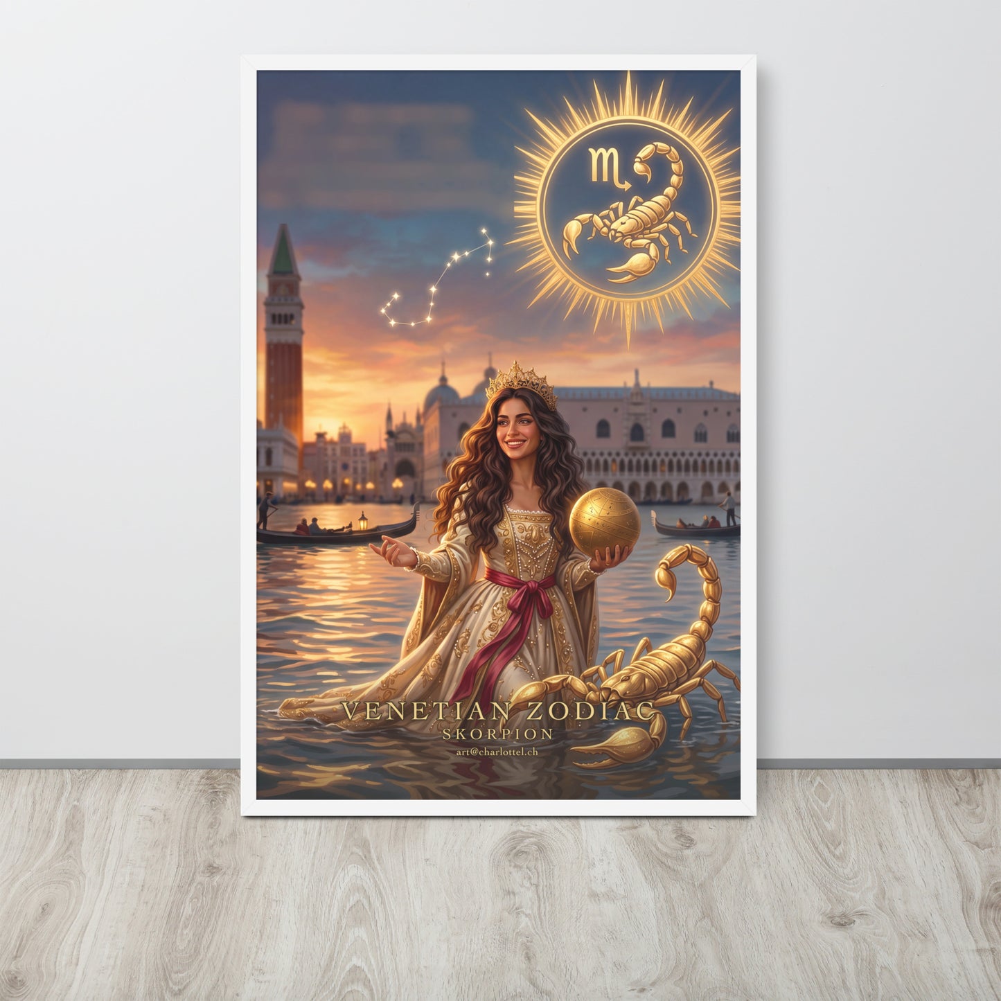 Sternzeichen Skorpion gerahmtes Poster – venezianische Göttin mit goldenem Skorpion, Großformat 61×91 cm