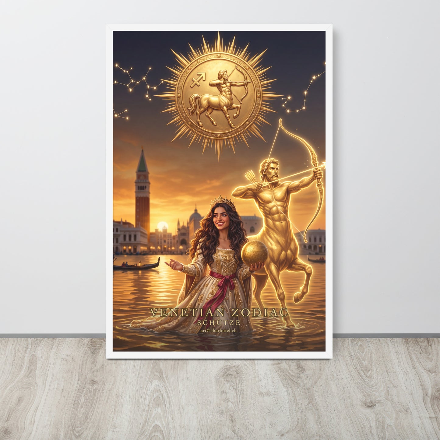 Sternzeichen Schütze gerahmtes Poster – venezianische Göttin mit goldenem Zentaur, Großformat 61×91 cm