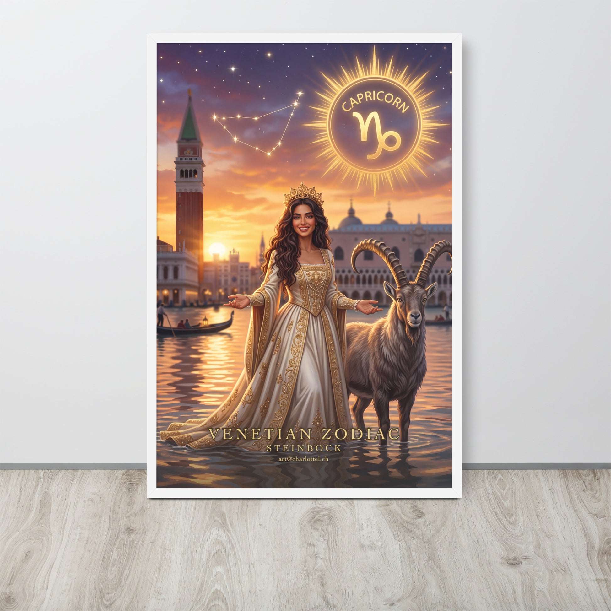 Sternzeichen Steinbock gerahmtes Poster – venezianische Göttin mit stolzem Steinbock, Großformat 61×91 cm