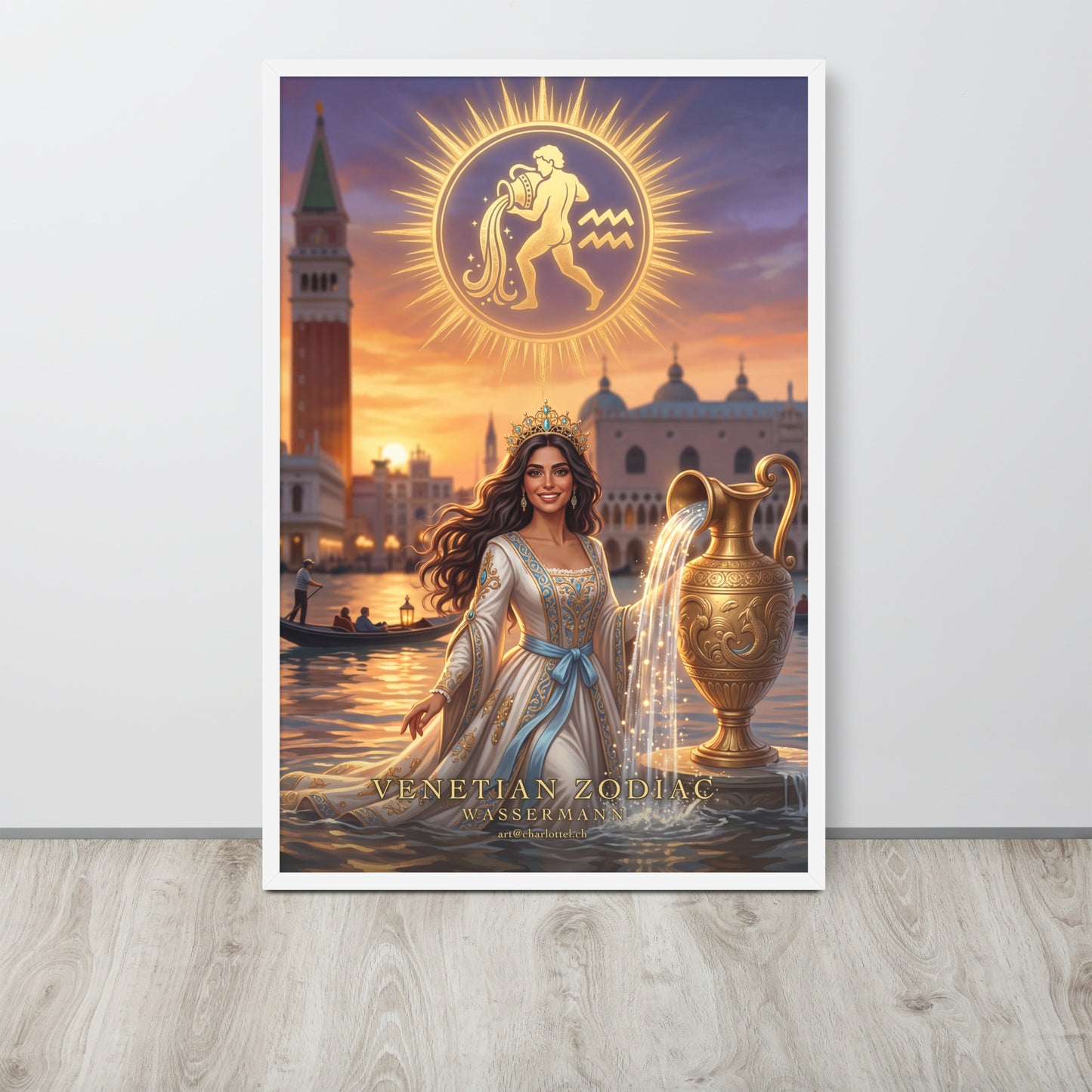 Sternzeichen Wassermann gerahmtes Poster – venezianische Göttin mit goldener Amphore, Großformat 61×91 cm