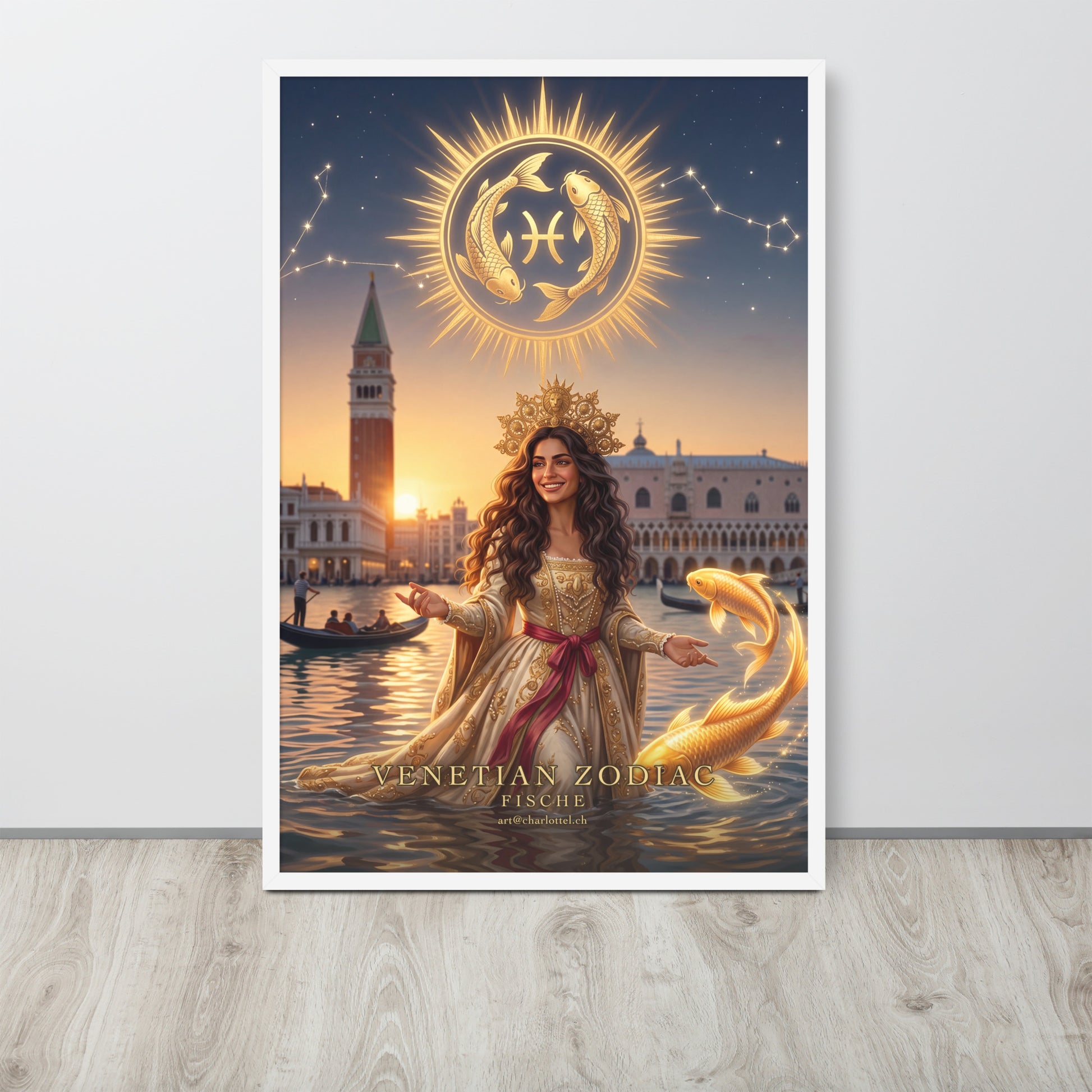 Sternzeichen Fische gerahmtes Poster – venezianische Göttin mit goldenen Kois, Großformat 61×91 cm
