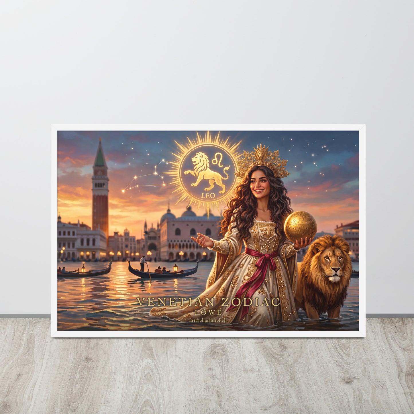 Sternzeichen Löwe gerahmtes Poster Querformat – venezianische Göttin mit goldenem Löwen, Großformat 91×61 cm