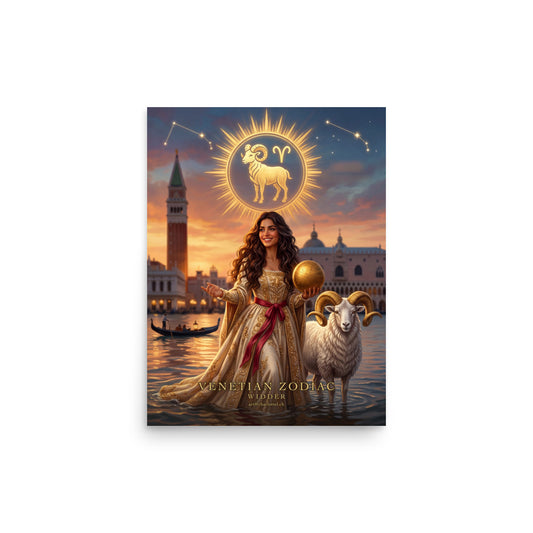 Sternzeichen Widder Poster – venezianische Göttin mit weißem Widder in der Lagune von Venedig