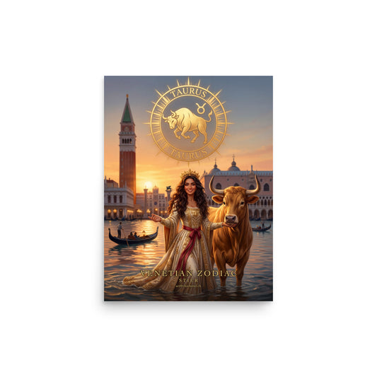Sternzeichen Stier Poster – venezianische Göttin mit goldenem Stier in der Lagune von Venedig