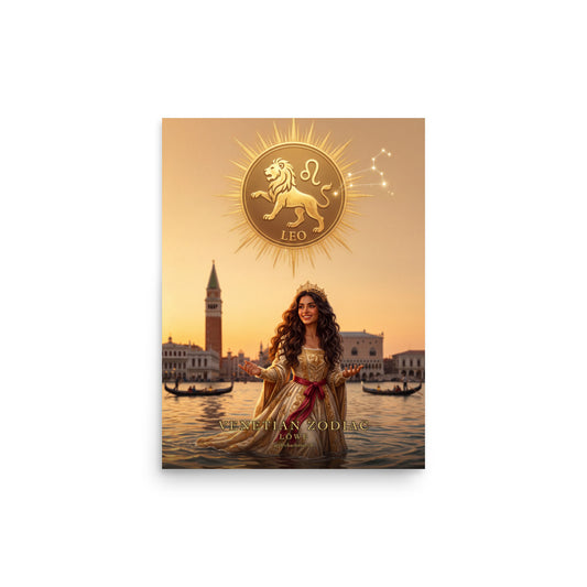 Sternzeichen Löwe Poster – venezianische Göttin mit goldenem Löwen-Emblem in der Lagune von Venedig