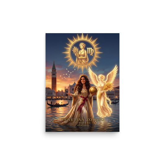 Sternzeichen Jungfrau Poster – venezianische Göttin mit lichtem Engel in der Lagune von Venedig