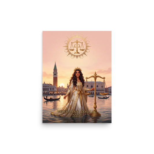 Sternzeichen Waage Poster – venezianische Göttin mit goldener Waage in der Lagune von Venedig