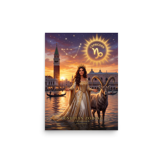 Sternzeichen Steinbock Poster – venezianische Göttin mit stolzem Steinbock in der Lagune von Venedig