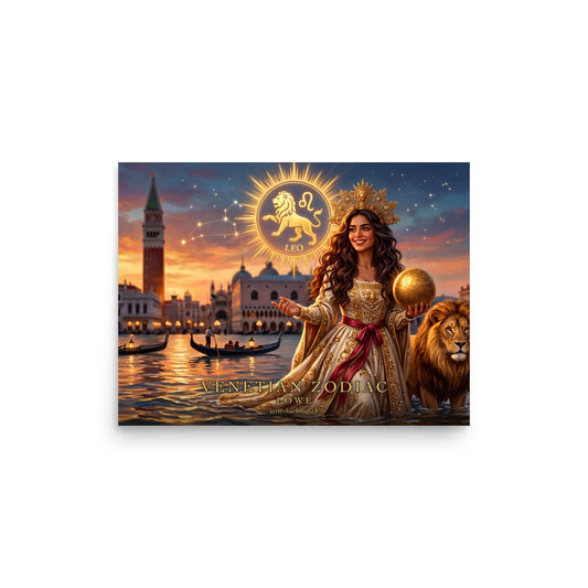 Sternzeichen Löwe Poster Querformat – venezianische Göttin mit goldenem Löwen im Venedig-Panorama